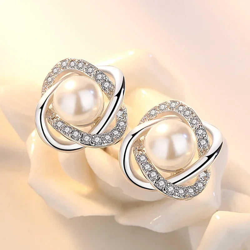 Fancy Pearl with Crystals 925 Sterling Silver Stud Earrings for Women Twist Spiral Design Jewelry Accessories