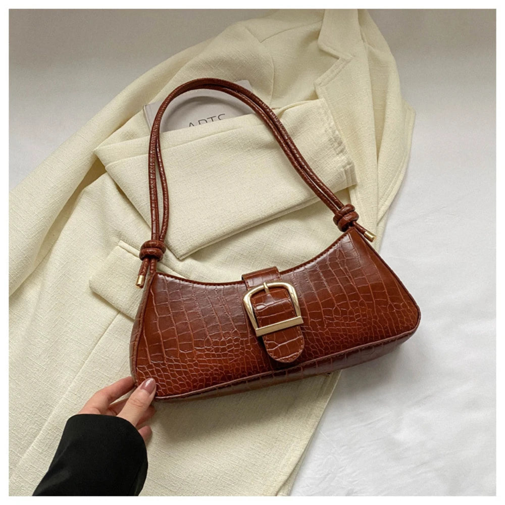 Modern French Fashion Leather Women's Shoulder Baguette Handbag Alligator Pattern Texture Popular Underarm Purse Bag