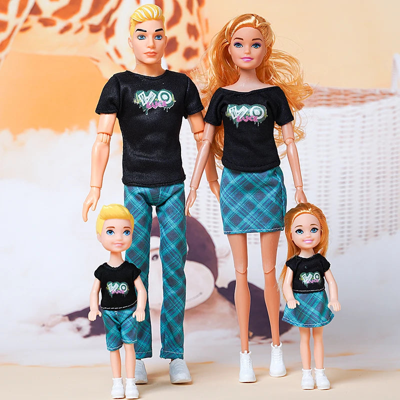 Family Doll Toy Set of 4 People Mom Dad Kids Dress Up Doll Kids Toys Full Set With Clothes for Girl Boy Education Birthday Gift 30cm