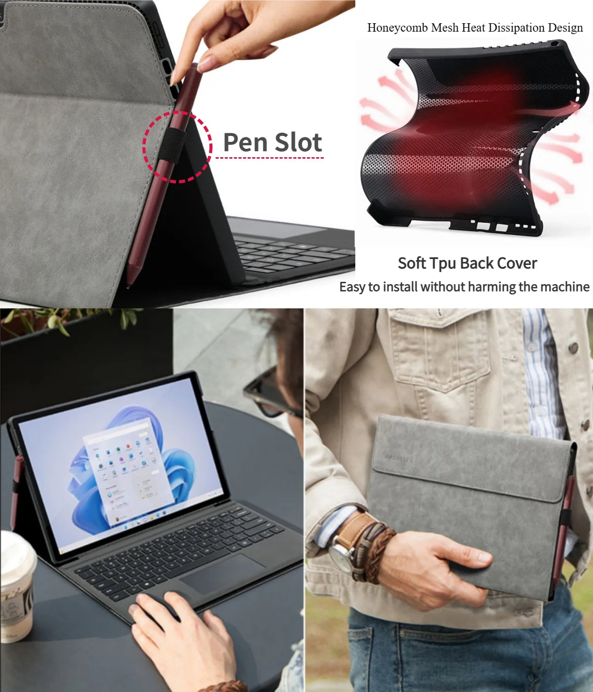 Elegant Portfolio Business Leather Case for Microsoft Surface Pro 11/10/9 13inch Multiple Angle Stand TPU Shell Bag Compatible with Keyboard