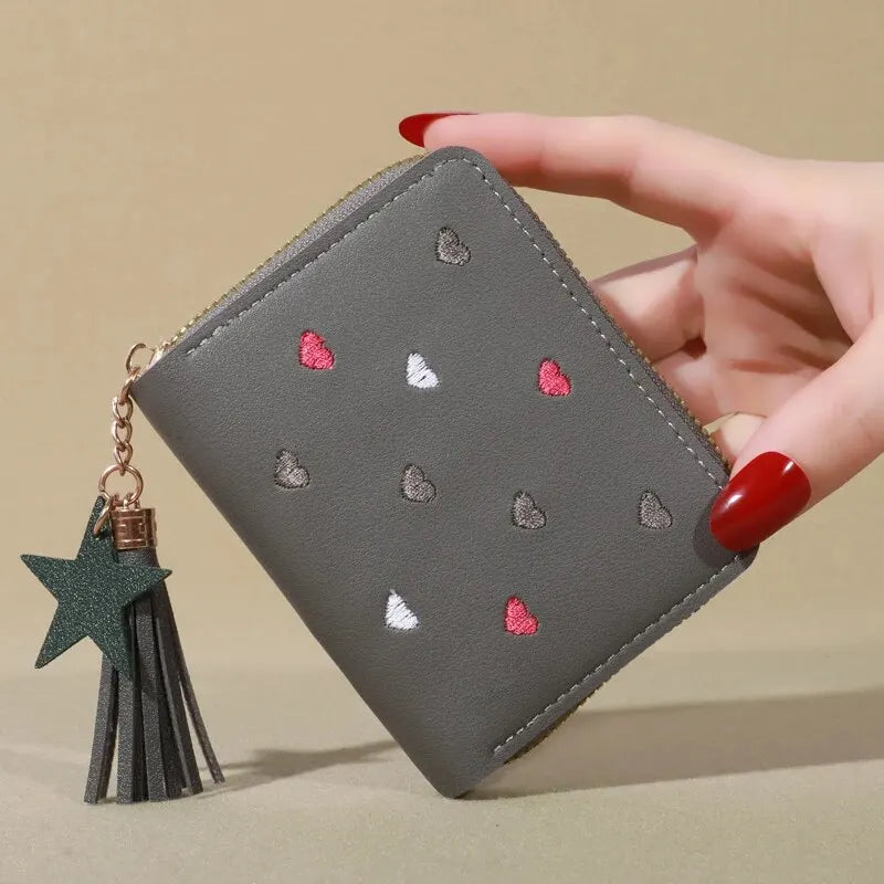 Mini Tassel Embroidered Women's Cute Clutch Wallet Short Style Zipper Hearts Star PU Leather Coin Purse Ladies Clutch Hand Wallet