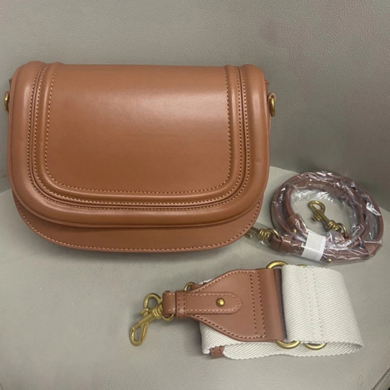 Luxury High Quality Leather Women's Fashion Flap Saddle Shoulder Handbag Purse Wide Strap Crossbody Messenger Bags