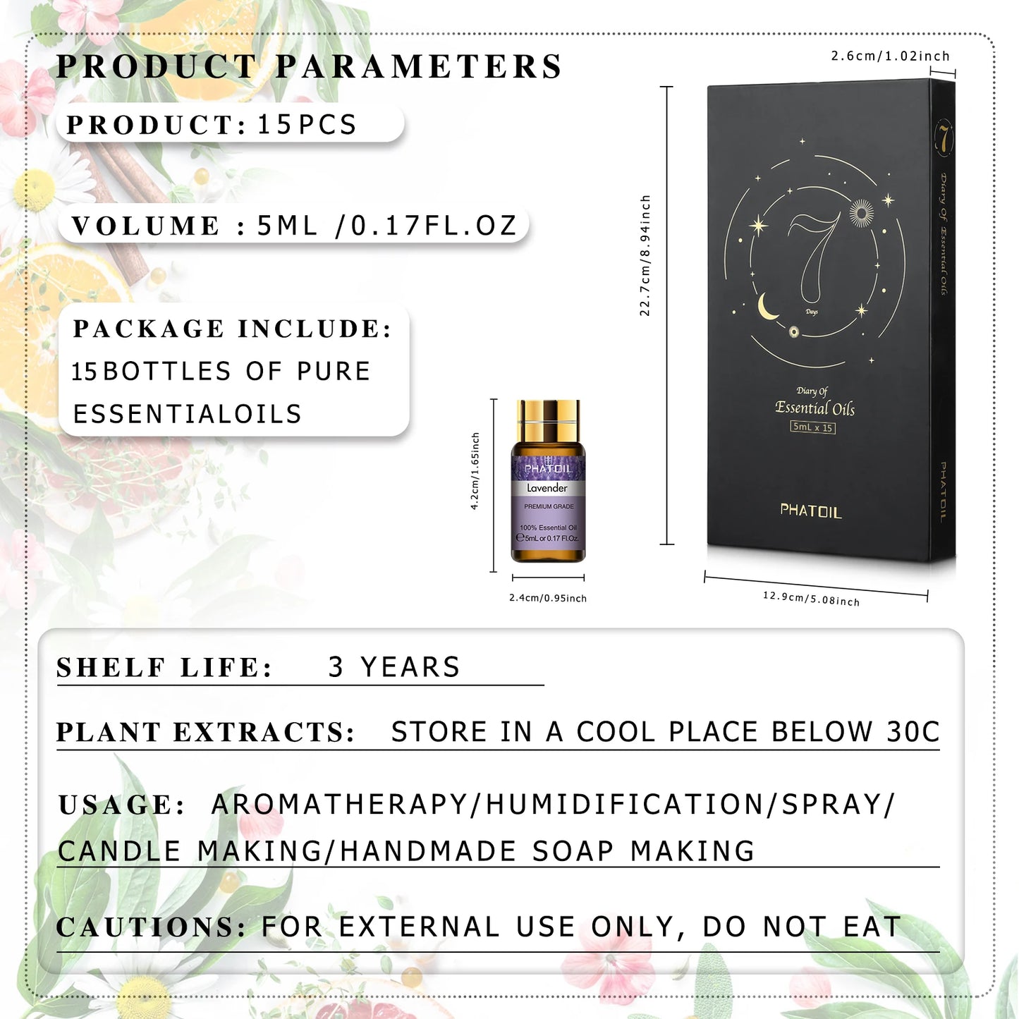 Lovely 15pcs Essential Oils Set for Diffuser Humidifier Candles Making-5ml Lavender Vanilla Peppermint Rosemary Aroma Oil