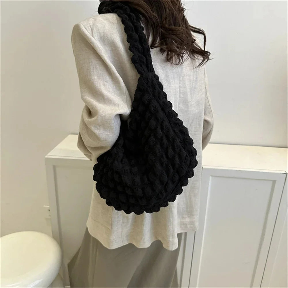 Embroidered Quilted Satchel Shoulder Crossbody Handbag Purse for Women Pleated Design Large Capacity Tote Bags