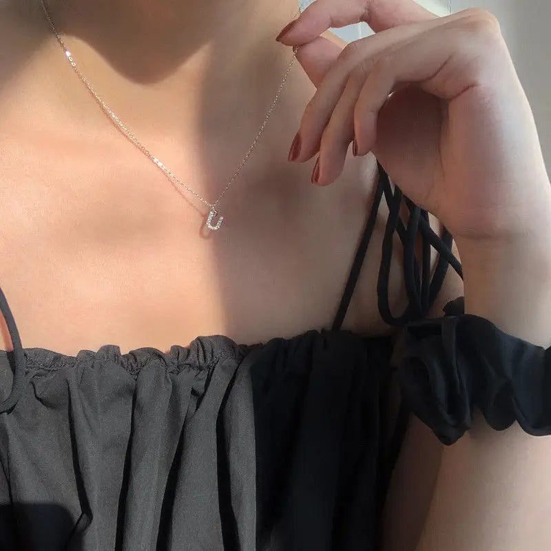 Elegant Crystal Initials Letter 925 Sterling Silver Chain Necklaces for Women Shiny Pendant Collar Jewelry Accessories