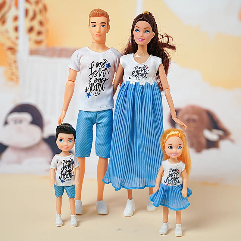 Family Doll Toy Set of 4 People Mom Dad Kids Dress Up Doll Kids Toys Full Set With Clothes for Girl Boy Education Birthday Gift 30cm
