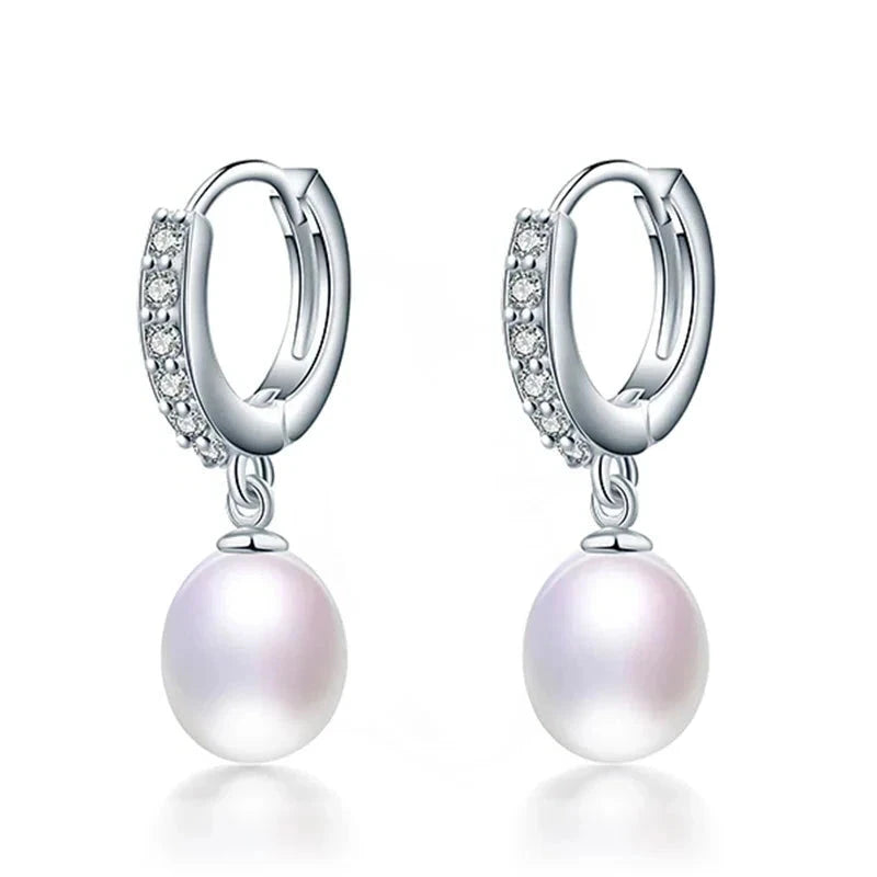 Exquisite Crystals Natural Pearl Hoop Drop Earrings for Women Girls 925 Sterling Silver Dangle Genuine Freshwater Pearls Zircon Jewelry