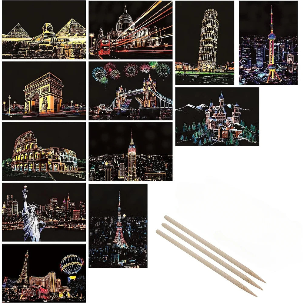 Children's DIY Night Scene Art Scratch Painting Postcards Toys City Building Landscape Kids Educational Toys Room Decor Gift 4Pcs