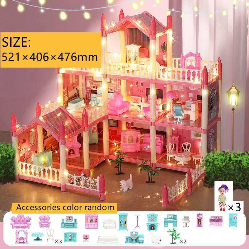 Beautiful Miniature Model Doll House Princess Castle with LED Lights Accessories Girl Birthday Gift Toy Villa House 3D Assembly DIY
