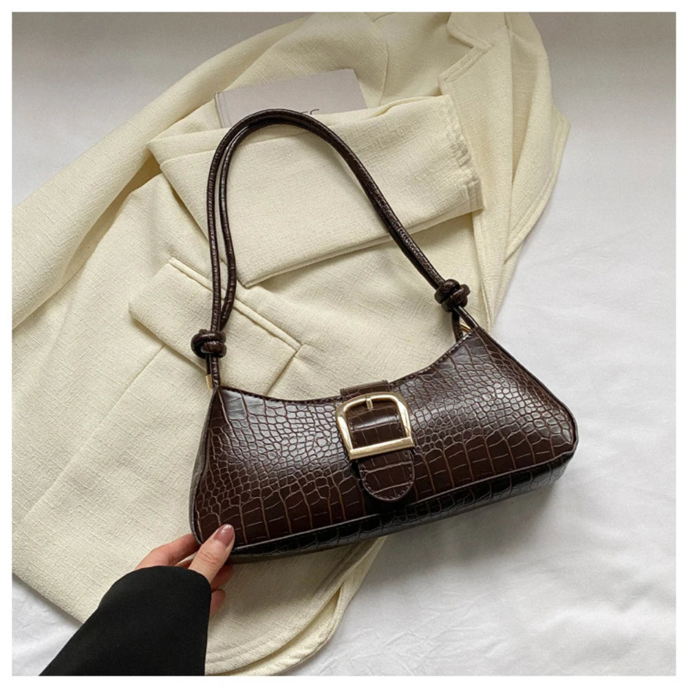 Modern French Fashion Leather Women's Shoulder Baguette Handbag Alligator Pattern Texture Popular Underarm Purse Bag