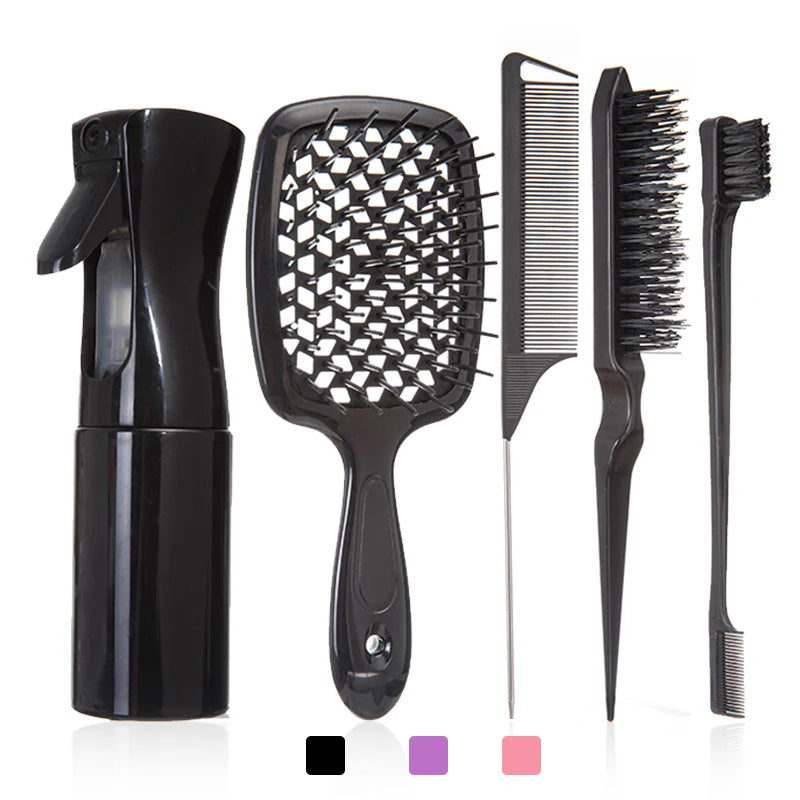 Detangling 5pcs Comb Hair Brushes Set Curly Hair Curved Rat Tail Brush Hair Care Tools