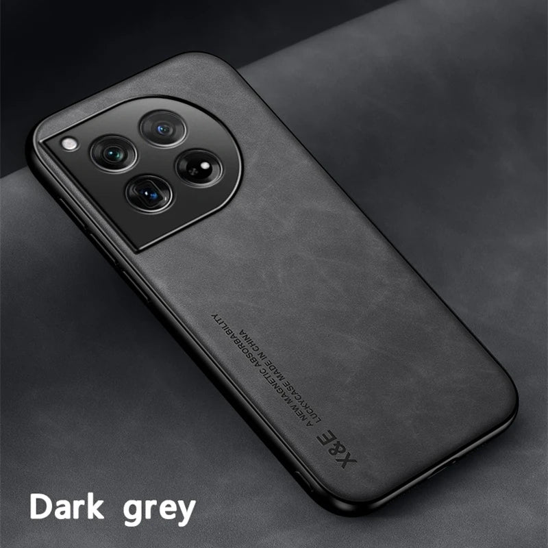 Elegant Leather Phone Case for OnePlus 12 12R Protective Shockproof Cover with Built-in Magnetic Car Holder