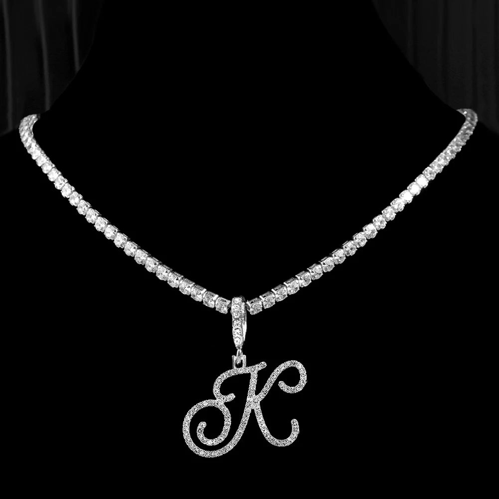 Elegant Sparkling Cursive Initial Name Letters Silver Gold Color Pendant Necklace Zircon Bling Alphabet Jewelry