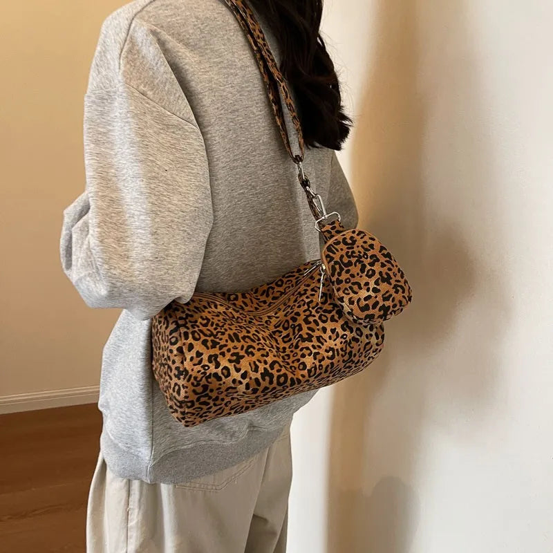 Stylish 2 in 1 Leopard Print Pillow Style Canvas Handbag and Mini Purse Set for Women New Trendy Fashion Shoulder Bag Commuting Versatile Crossbody Bag