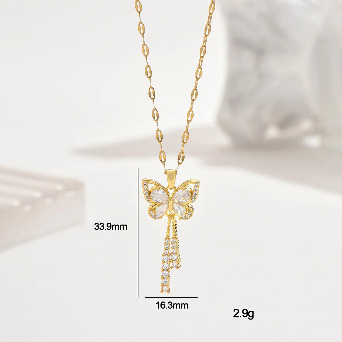 Butterfly Tassel Crystals Necklace Exquisite Micro Inlaid Zircon with Titanium Steel Gold Color Perfect Gift for Fashion forward Women
