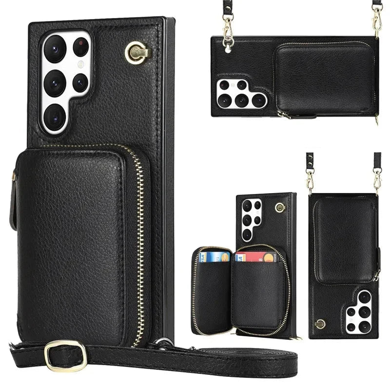 Luxury Crossbody Zipper Leather Wallet Case for Samsung Galaxy S24 S23 S22 Plus S21 S20 Ultra Note 20 Models Cards Holder Lanyard Protective Cover Shell