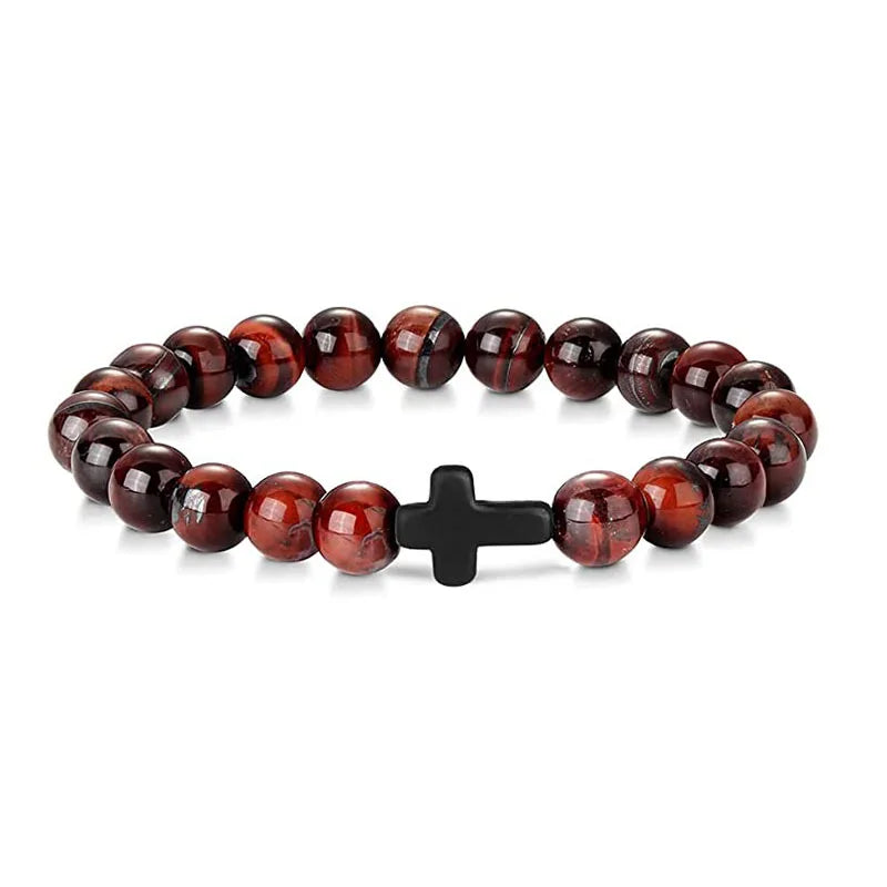 Rosary Cross Natural Stone Wood Beads Hematite Bracelets Prayer Meditation Bracelet for Men Women Yoga Jewelry