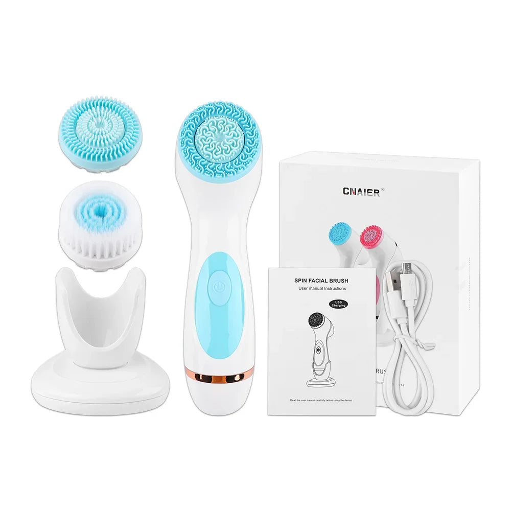 Ultrasonic 3 In 1 Electric Facial Cleansing Brush Face Massager Rotating Deep Cleaning Tool