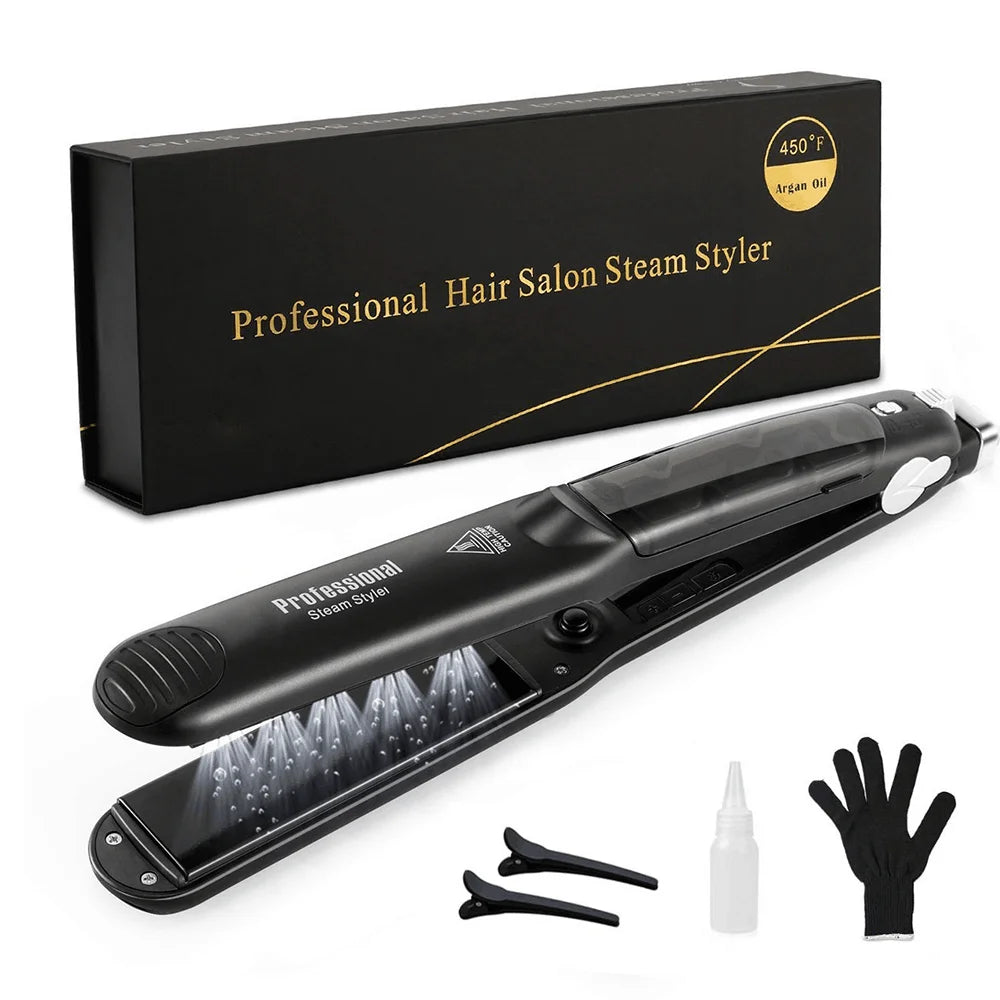 Fast Heating Electric Steam Vapors Ceramic Flat Iron Hair Straightener 450℉ Argan Oil Treatment Professional Hair Care Tool