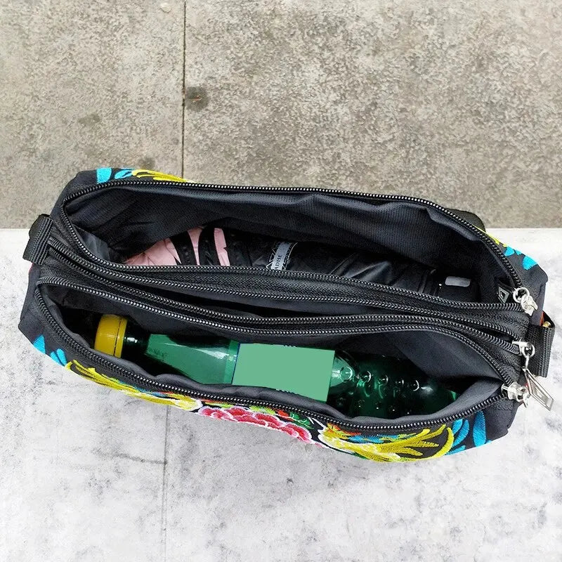 Embroidered Flowers Women's Nylon Crossbody Handbag Purse Ladies Large Capacity Travel Shoulder Bags