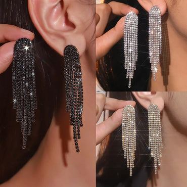 Rhinestone Long Tassel Drop Earrings for Women Girls Silver Gold Black Color Dangle Earrings Jewelry