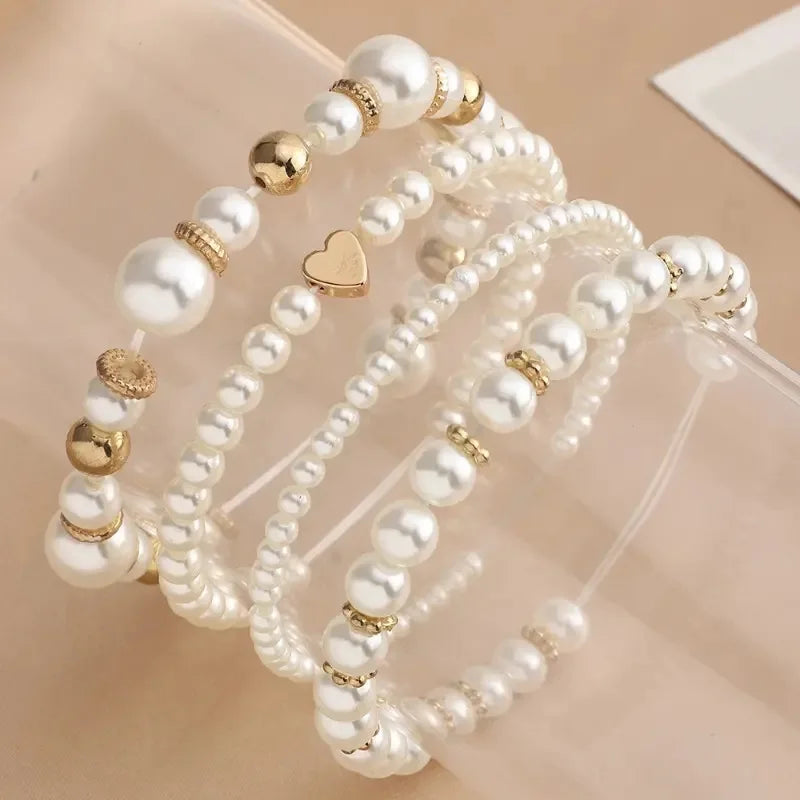 Elegant White Beads Bracelets for Women Girls Gold Color Accents High Grade Layered Fashion Jewelry