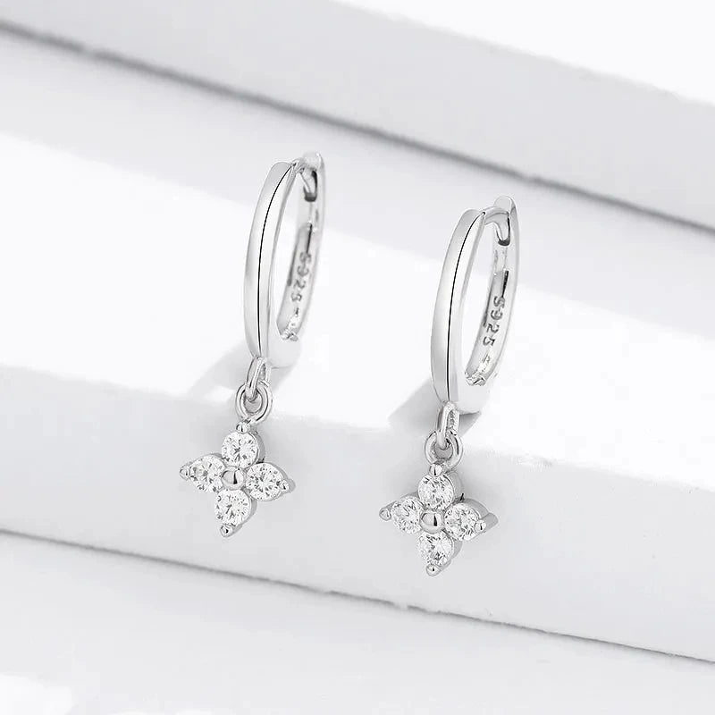 Four Leaf Flower 925 Sterling Silver Crystal Hoop Earrings for Women Girls Fashion Silver Gold Color Huggies Elegant Jewelry