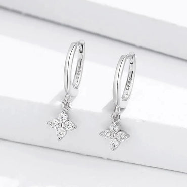 Four Leaf Flower 925 Sterling Silver Crystal Hoop Earrings for Women Girls Fashion Silver Gold Color Huggies Elegant Jewelry
