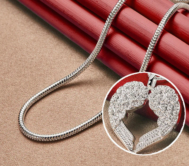 Elegant Feather Wings Heart 925 Sterling Silver Necklace Chain for Women Fashion Charm Jewelry Accessories