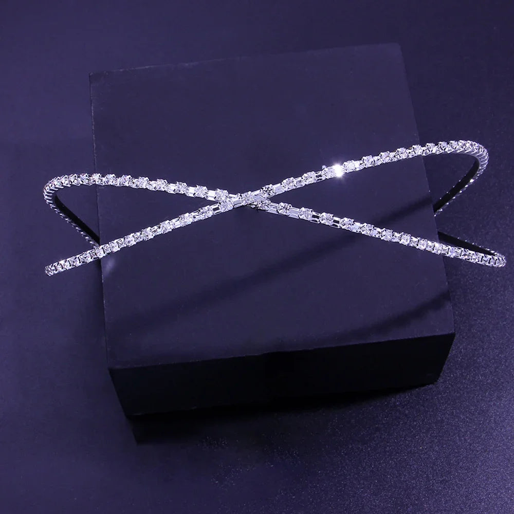 Modern Fashion Rhinestone Crystals Hairbands for Women Girls Headbands Silver Gold Color Cross Headpiece Jewelry