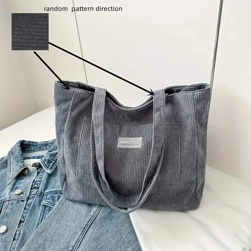 Trendy Corduroy Large Capacity Women's Tote Shoulder Bag Handbag With Front Pocket