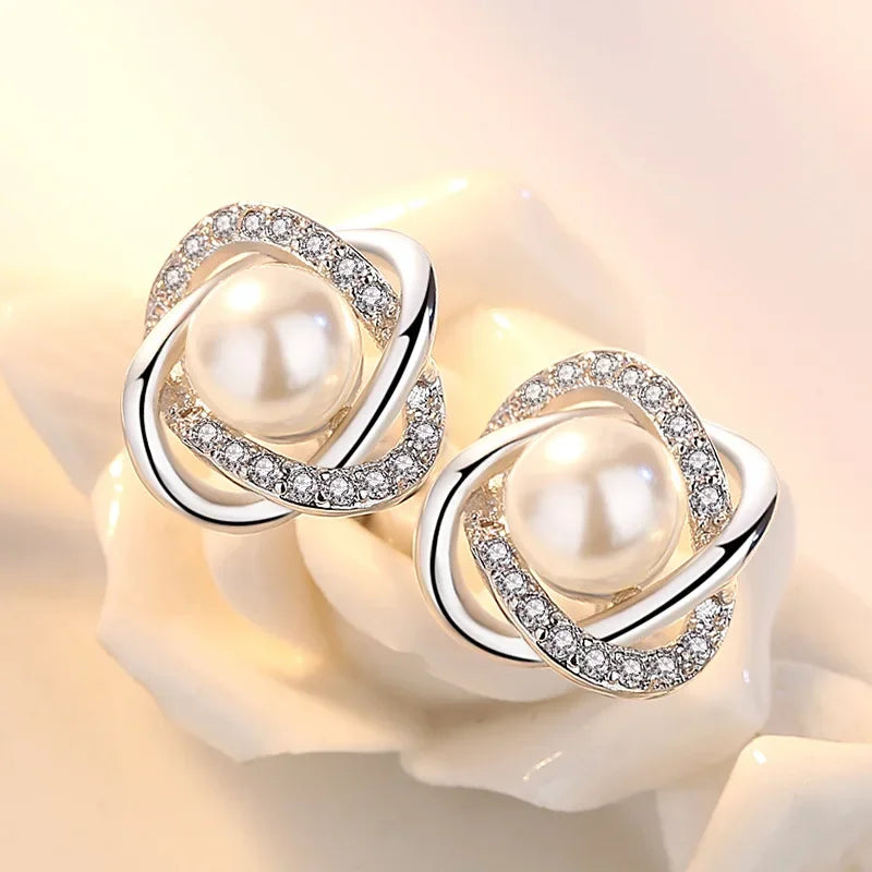 Fancy Pearl with Crystals 925 Sterling Silver Stud Earrings for Women Twist Spiral Design Jewelry Accessories