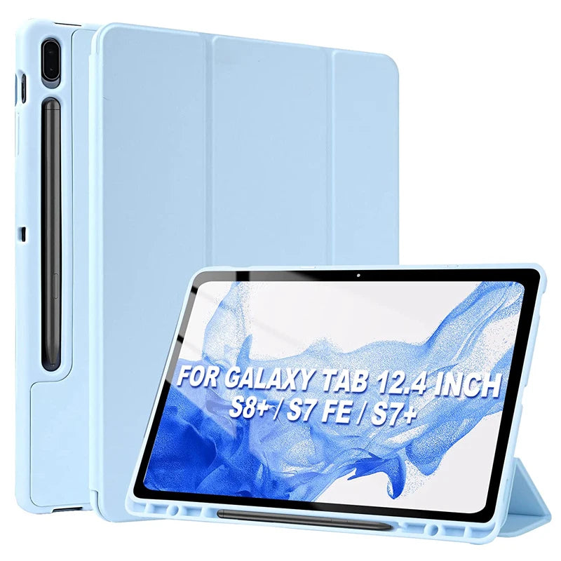 Protective Silicone and Leather Smart Case for Samsung Galaxy Tab S10 S9 FE Plus 11" 12.4" A9 S8 S7 Plus S6 Lite With Pen Holder Cover