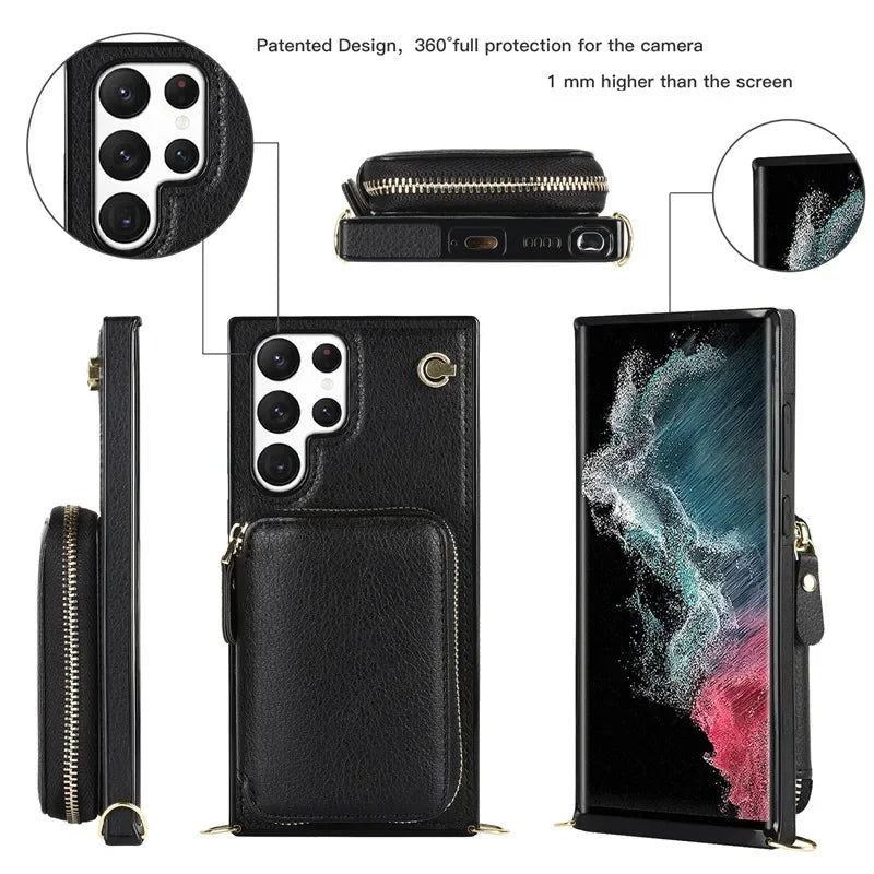 Luxury Crossbody Zipper Leather Wallet Case for Samsung Galaxy S24 S23 S22 Plus S21 S20 Ultra Note 20 Models Cards Holder Lanyard Protective Cover Shell