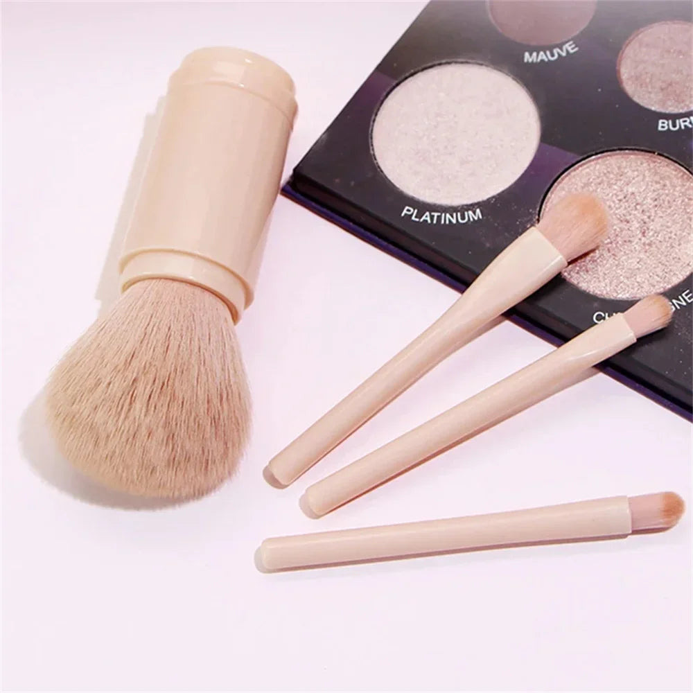 Retractable 4 in 1 Travel Makeup Brushes Set Kabuki Brush and 3 Small Brushes for Eyes with Soft Bristles Small Portable For Touchup