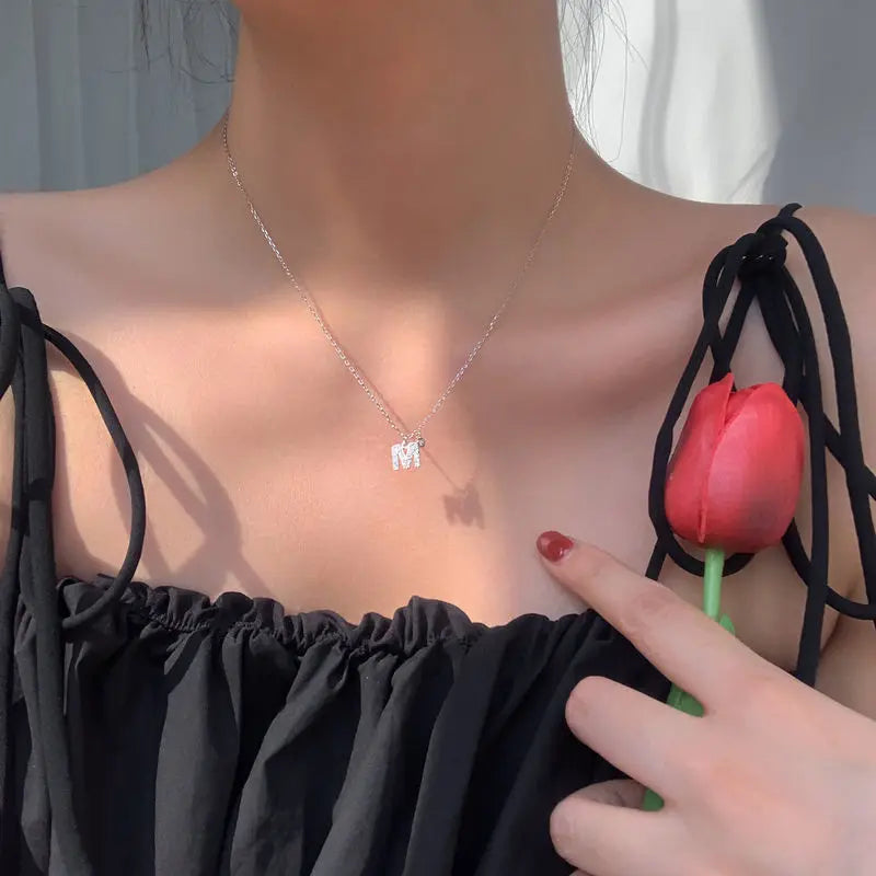 Elegant Crystal Initials Letter 925 Sterling Silver Chain Necklaces for Women Shiny Pendant Collar Jewelry Accessories