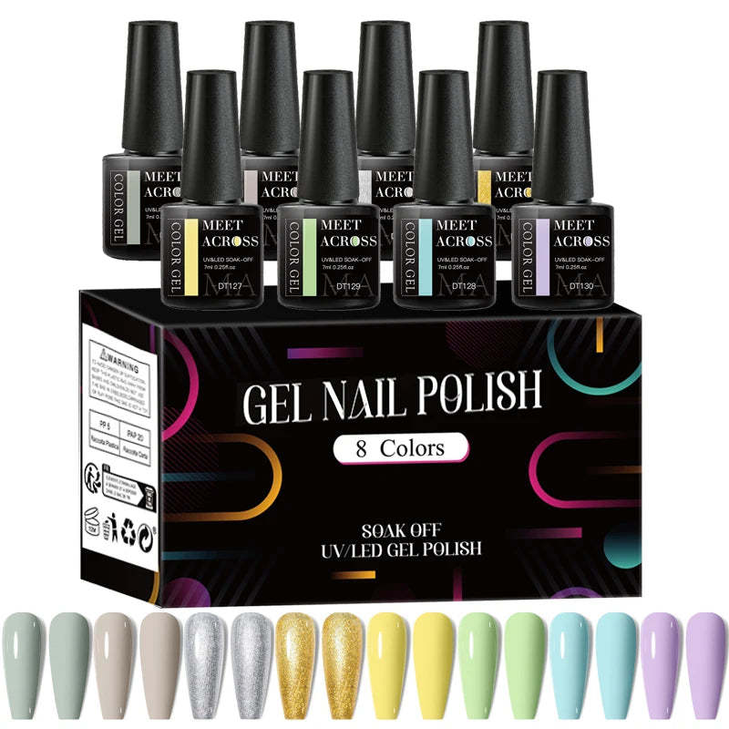 8pcs Gel Nail Polish Set Colorful Fluorescent All Season Colors Laser Glitter Nail Art Varnish for Manicures
