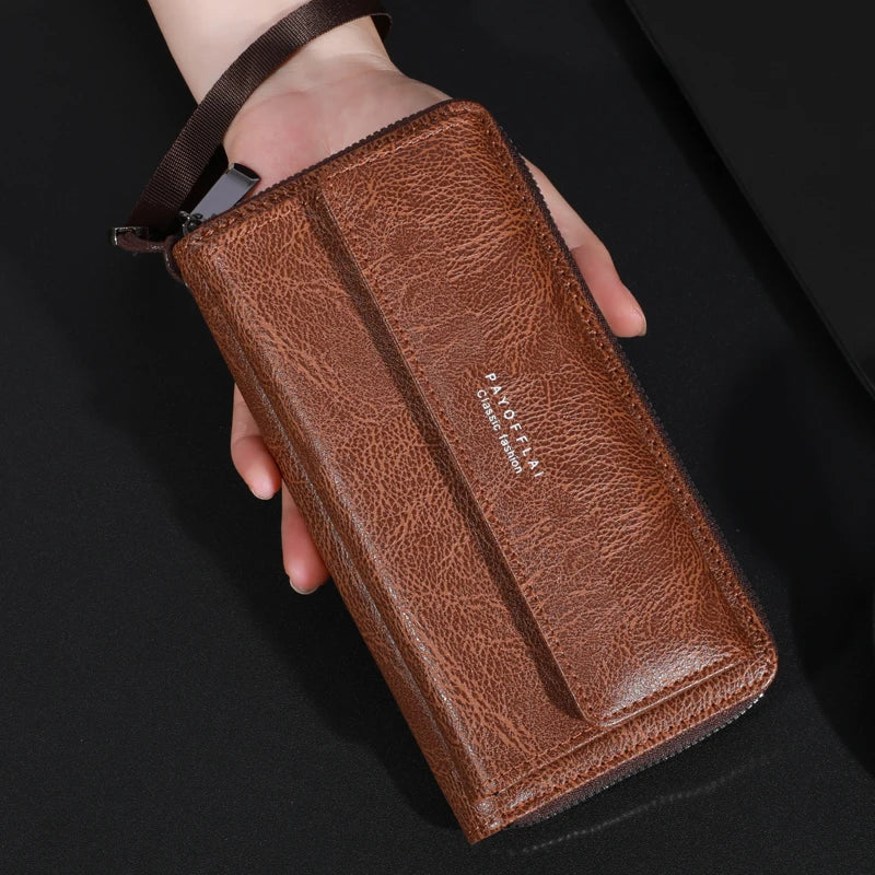 High Quality Men's Leather Zipper Long Phone Wallet Large Capacity Clutch Bag Multi Card Holder Coin Purse Double Layer Strap Wallet
