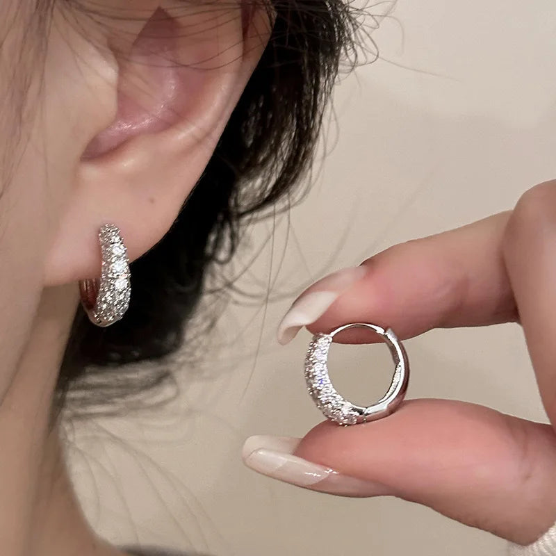 Luxury Round Huggie Crystal 925 Sterling Silver Hoop Earrings for Women Trendy Jewelry Accessories