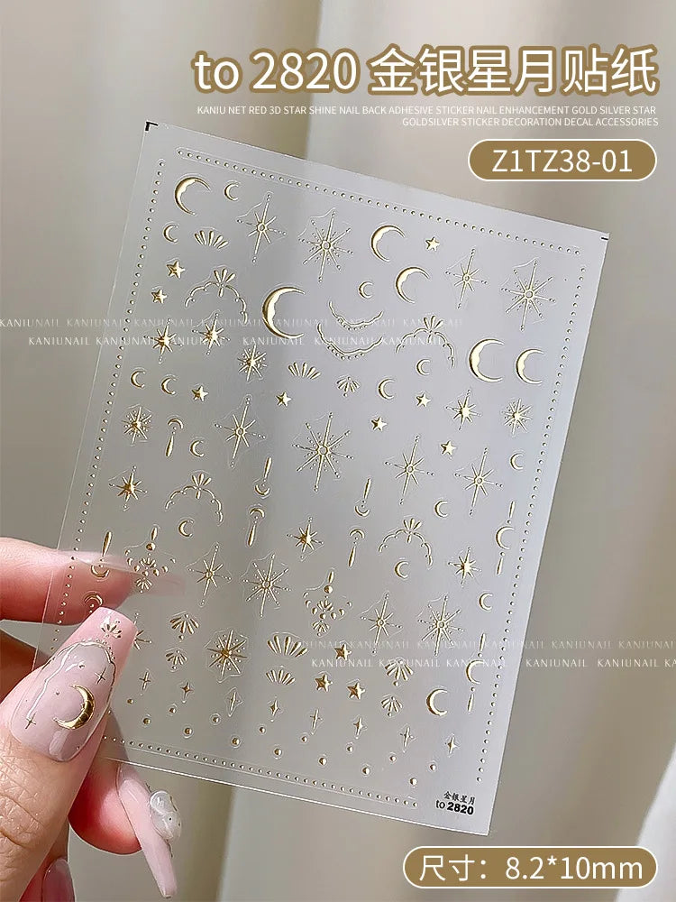 Star Sun Moon 3D Nail Stickers Bronzing Nail Art Gold Silver Styles Decal Self-Adhesive Slider