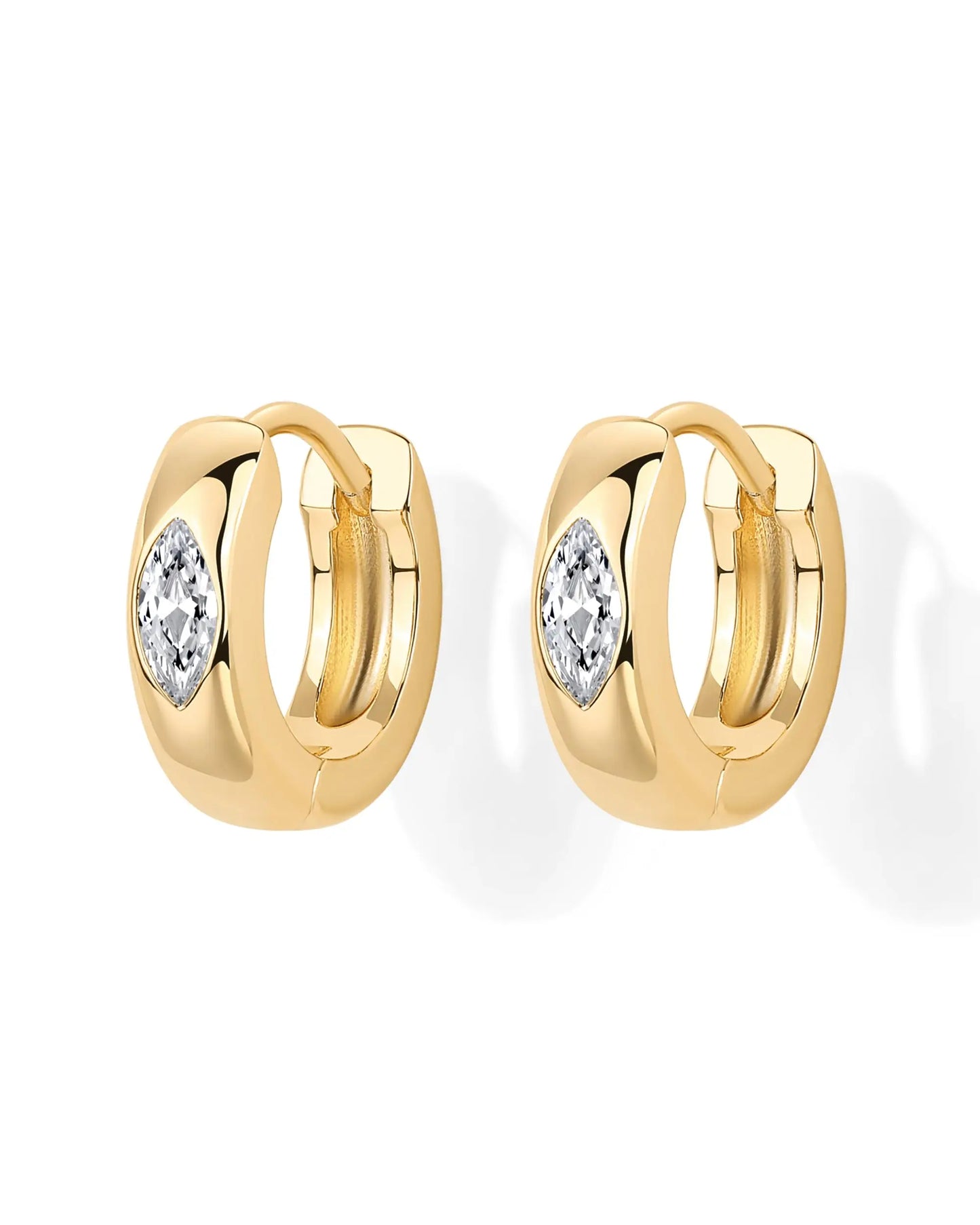 Huggie Hoops 14K Gold Plated Earrings With Sterling Silver Posts Cubic Zirconia Noble Marquise Small Earrings