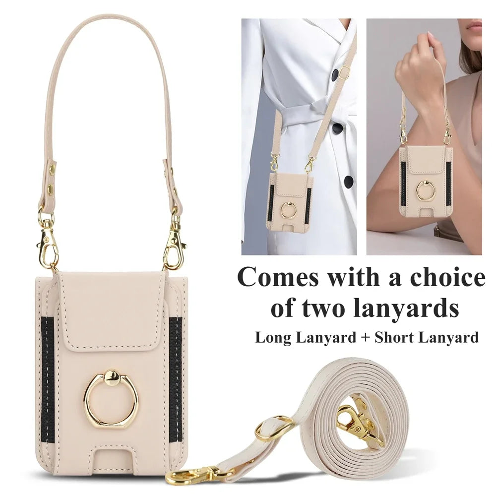 Deluxe Crossbody Lanyard Leather Flip Wallet Case for Samsung Galaxy Z Flip 6 5 4 3 Models Ring Bracket Shockproof Protective Shell Card Holder Phone Cover Bag