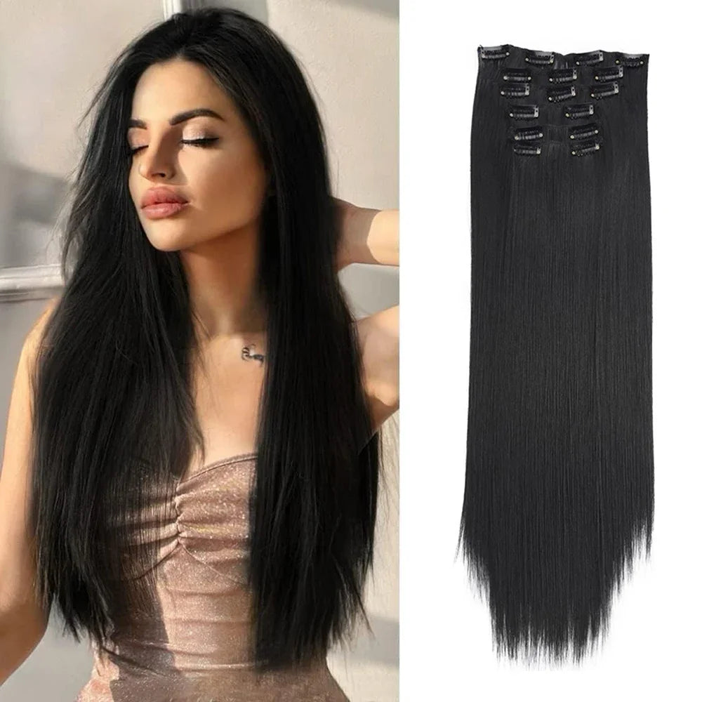 Synthetic Wig 6pcs 16 Clips 24 Inch Wavy Curly Full Head Hair Extensions on Double Weft Dark Black For Women