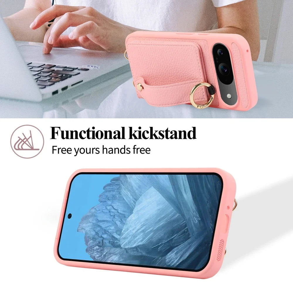 Exquisite Crossbody Leather Wallet Case for Google Pixel 9 8 Pro 8a 7a Models Ring Holder with Wrist Strap Shockproof Phone Case Cover Shell