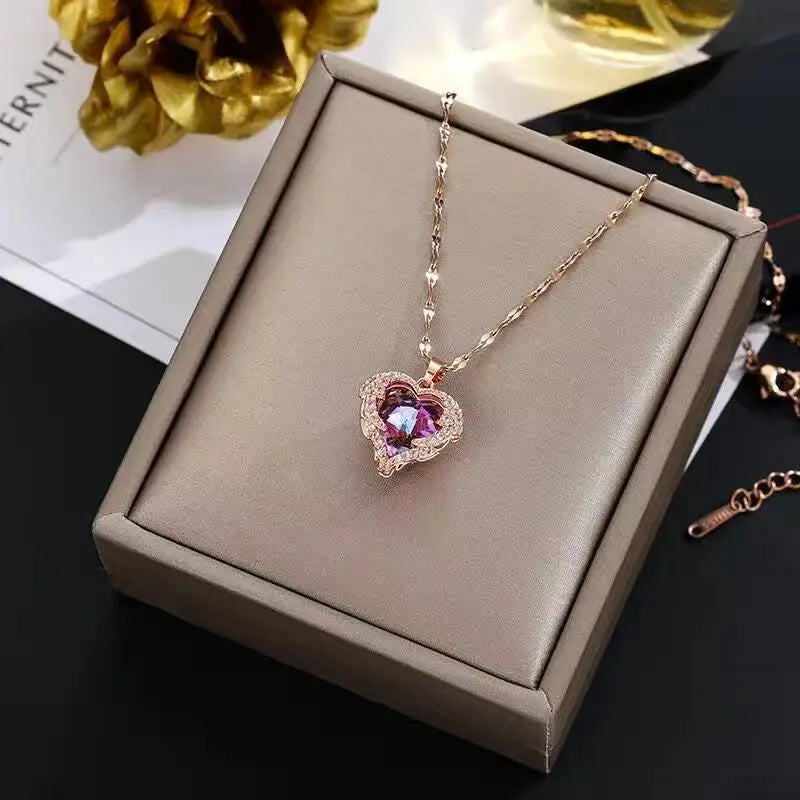 Fashion Crystal Ocean Heart Pendant Stainless Steel Necklace Chain for Women Trendy Jewelry Accessories