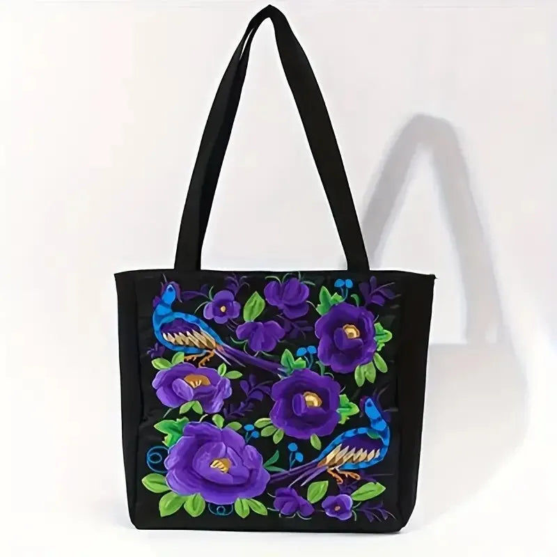 Elegant Flower Embroidery Canvas Tote Shoulder Bag Large Capacity Handbag For Women
