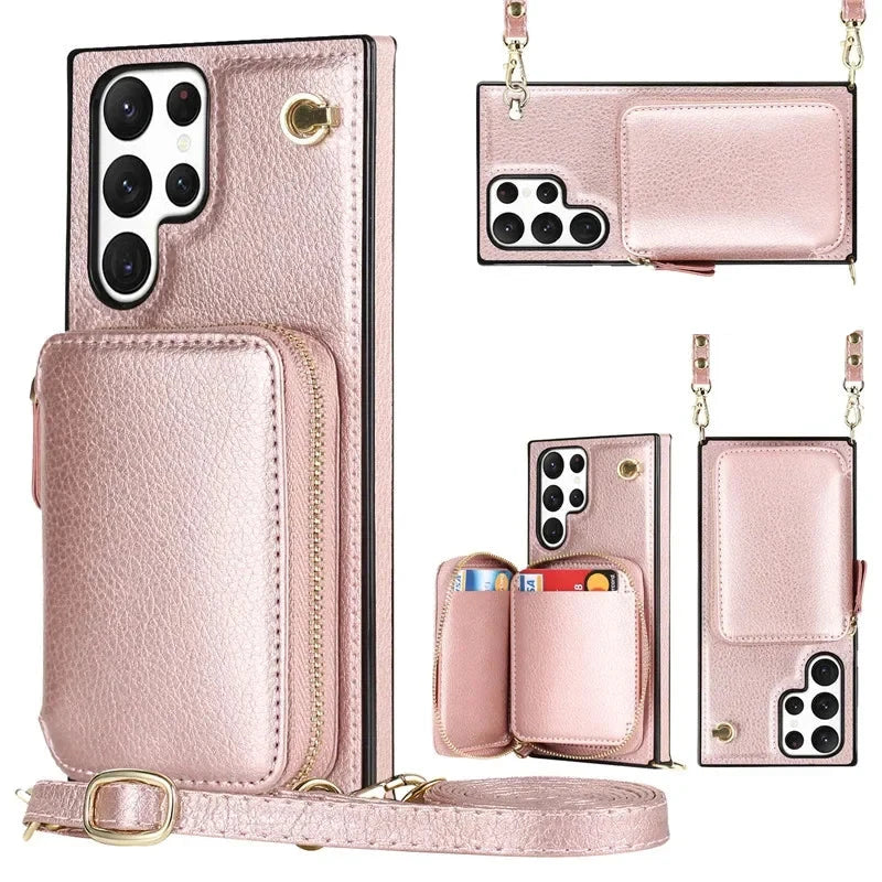 Luxury Crossbody Zipper Leather Wallet Case for Samsung Galaxy S24 S23 S22 Plus S21 S20 Ultra Note 20 Models Cards Holder Lanyard Protective Cover Shell
