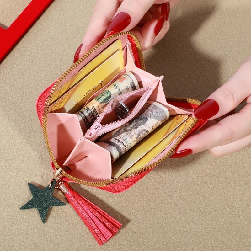 Mini Tassel Embroidered Women's Cute Clutch Wallet Short Style Zipper Hearts Star PU Leather Coin Purse Ladies Clutch Hand Wallet