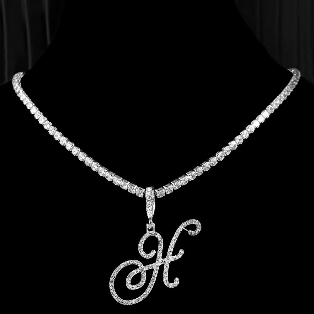 Elegant Sparkling Cursive Initial Name Letters Silver Gold Color Pendant Necklace Zircon Bling Alphabet Jewelry