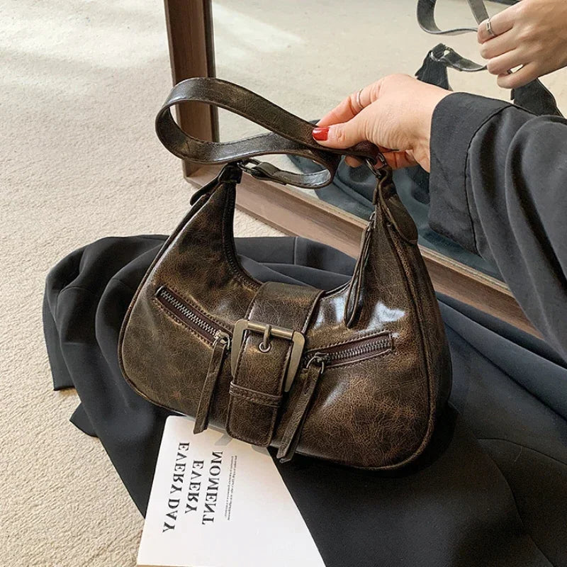 Elegant Retro Belt Design Leather Purses Shoulder Handbags for Women Vintage Female Underarm Crossbody Fashion Bags